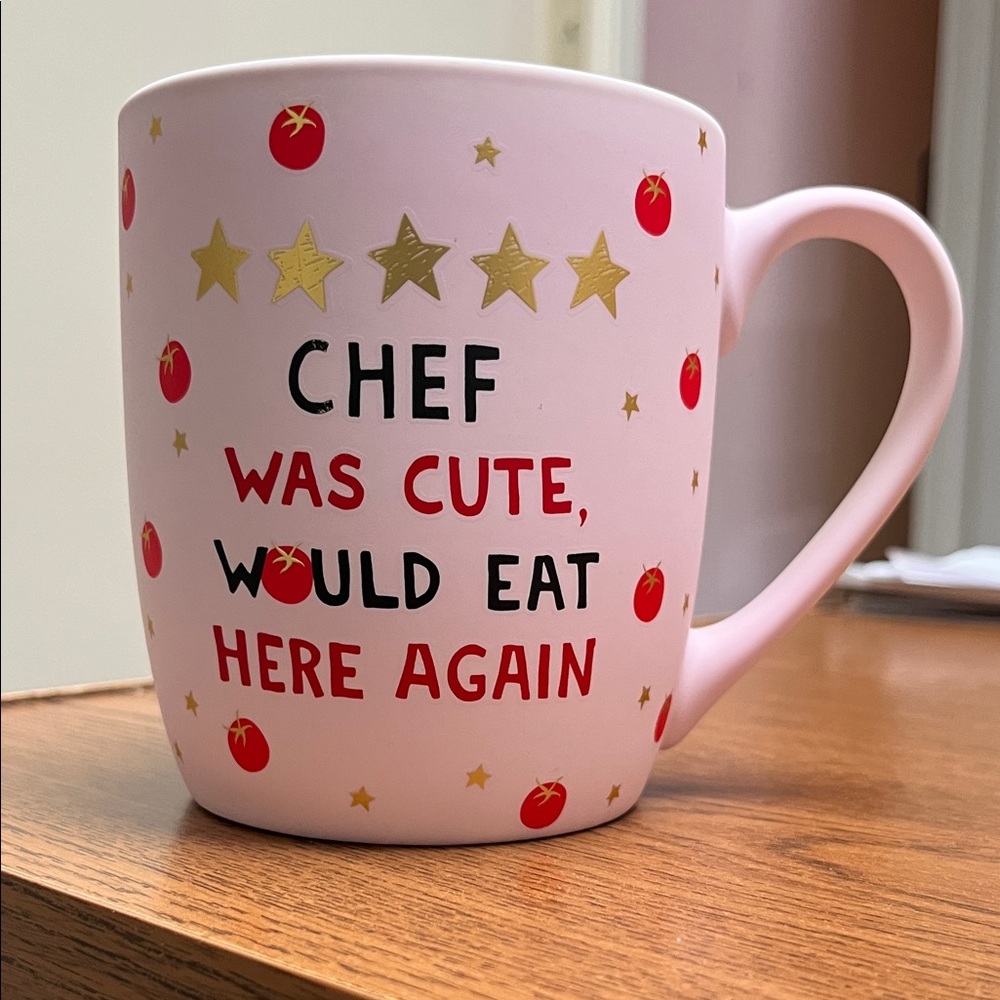 Charming Pink Chef Was Cute Mug with Gold Stars NWOT